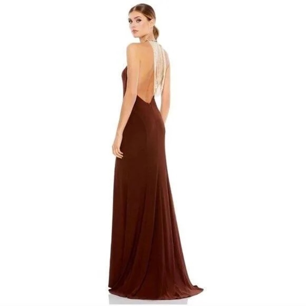 NWT Mac Duggal Ieena Chocolate Brown Beaded Halter Neck Side Slit Gown